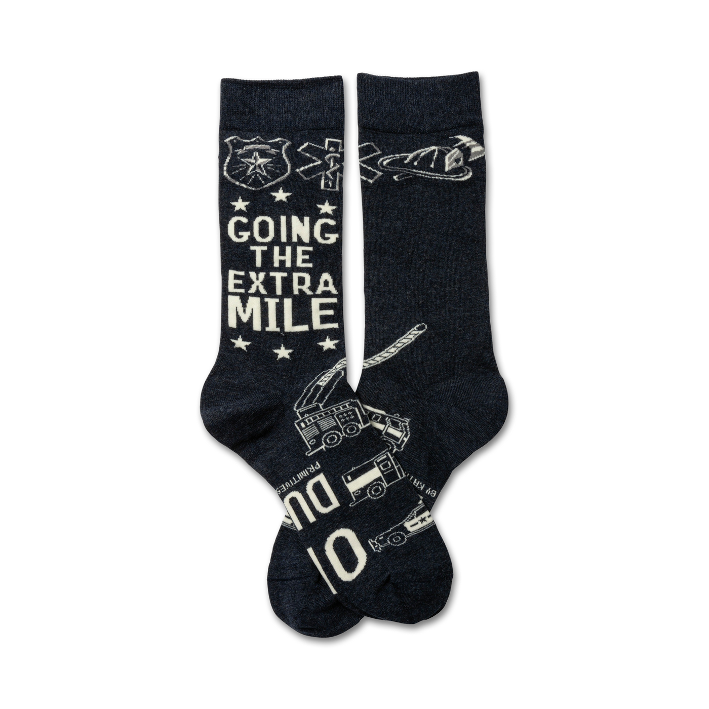 Pair of navy blue crew socks with white first responder icons (police badge, EMT star of life, firefighter helmet) and the text 'Going the Extra Mile'.