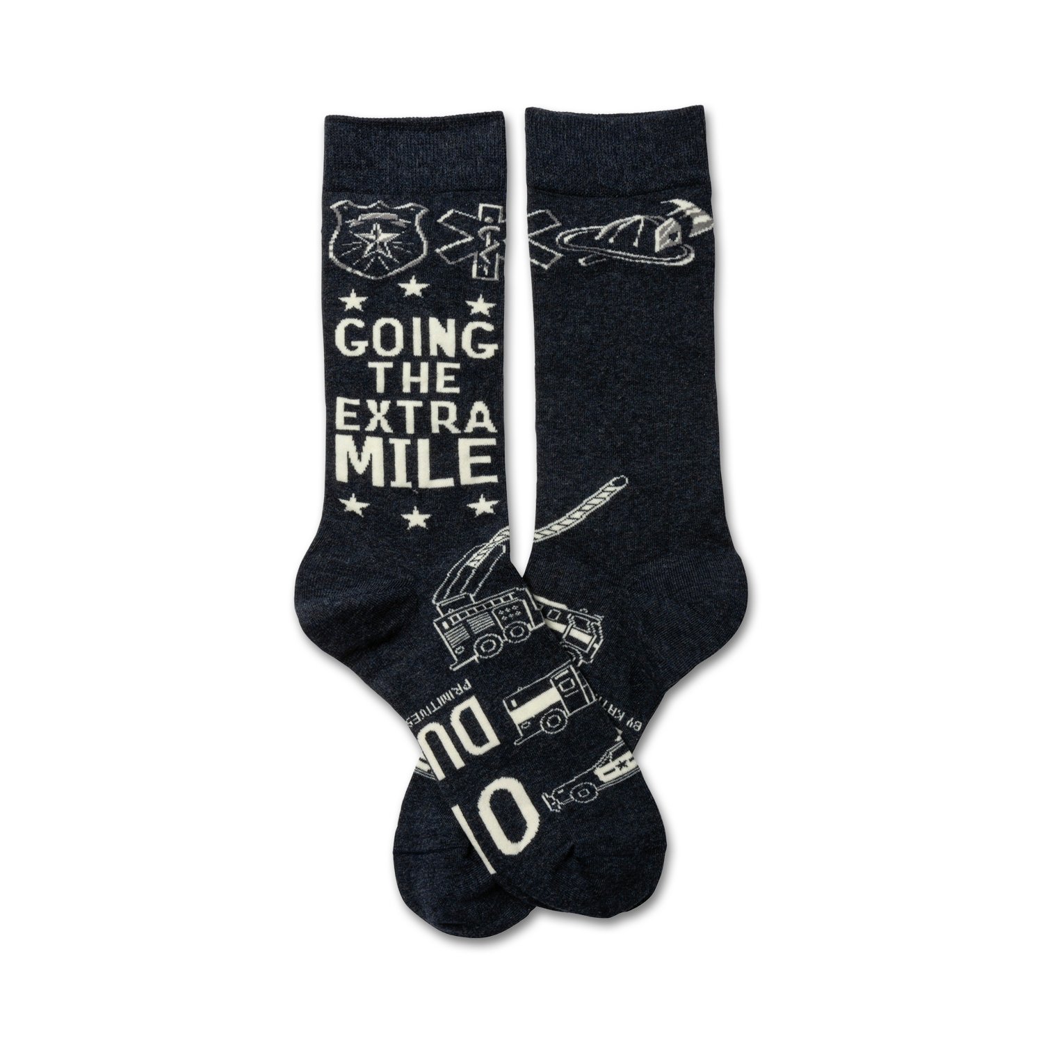 Pair of navy blue crew socks with white first responder icons (police badge, EMT star of life, firefighter helmet) and the text 'Going the Extra Mile'.