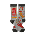 Crew socks in grey with dark grey cuffs and toes. Design features a red 'Shut The Front Door!' message and various door and mail illustrations.
