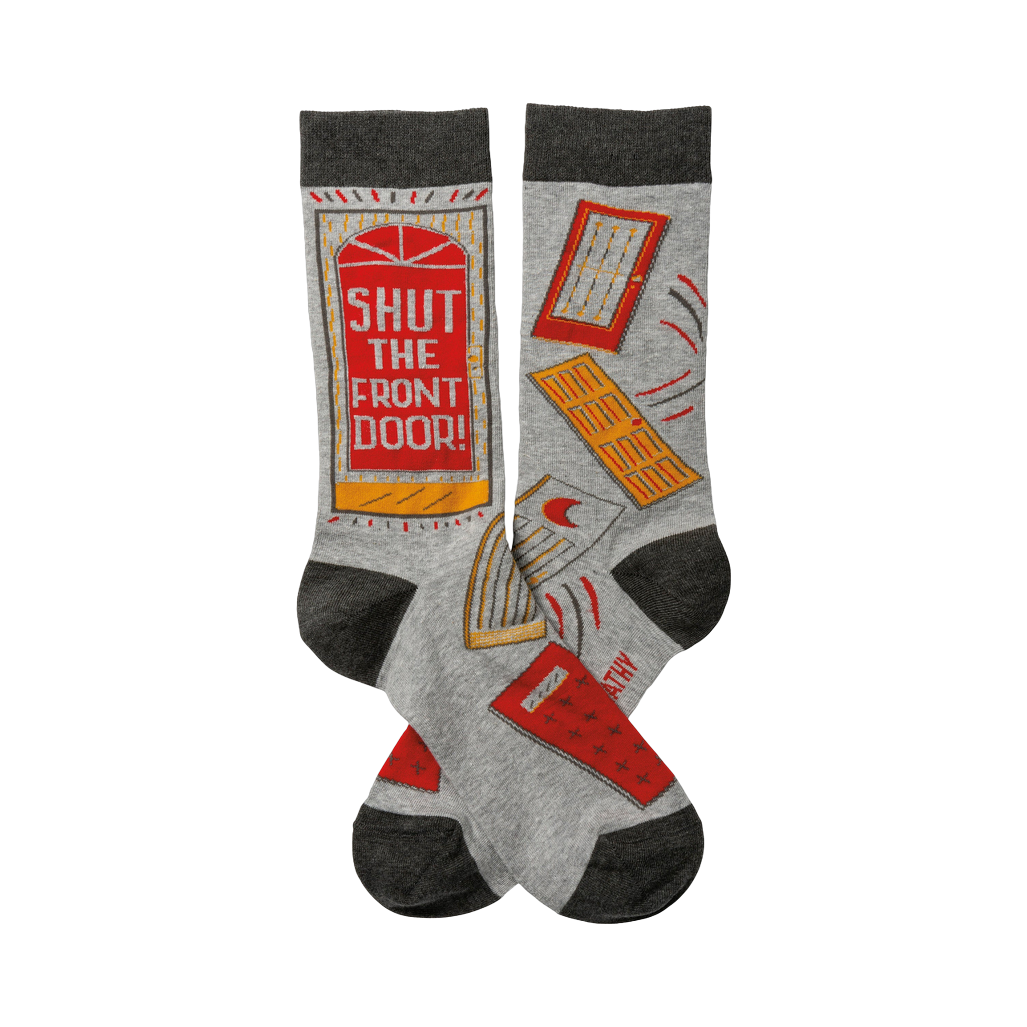 Crew socks in grey with dark grey cuffs and toes. Design features a red 'Shut The Front Door!' message and various door and mail illustrations.