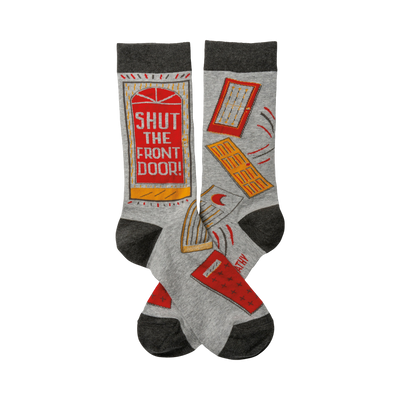 Crew socks in grey with dark grey cuffs and toes. Design features a red 'Shut The Front Door!' message and various door and mail illustrations.