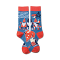A pair of crew socks in blue and red. The socks feature a whimsical design of gnomes, mushrooms, and the phrase 'Hangin' with my gnomies'.