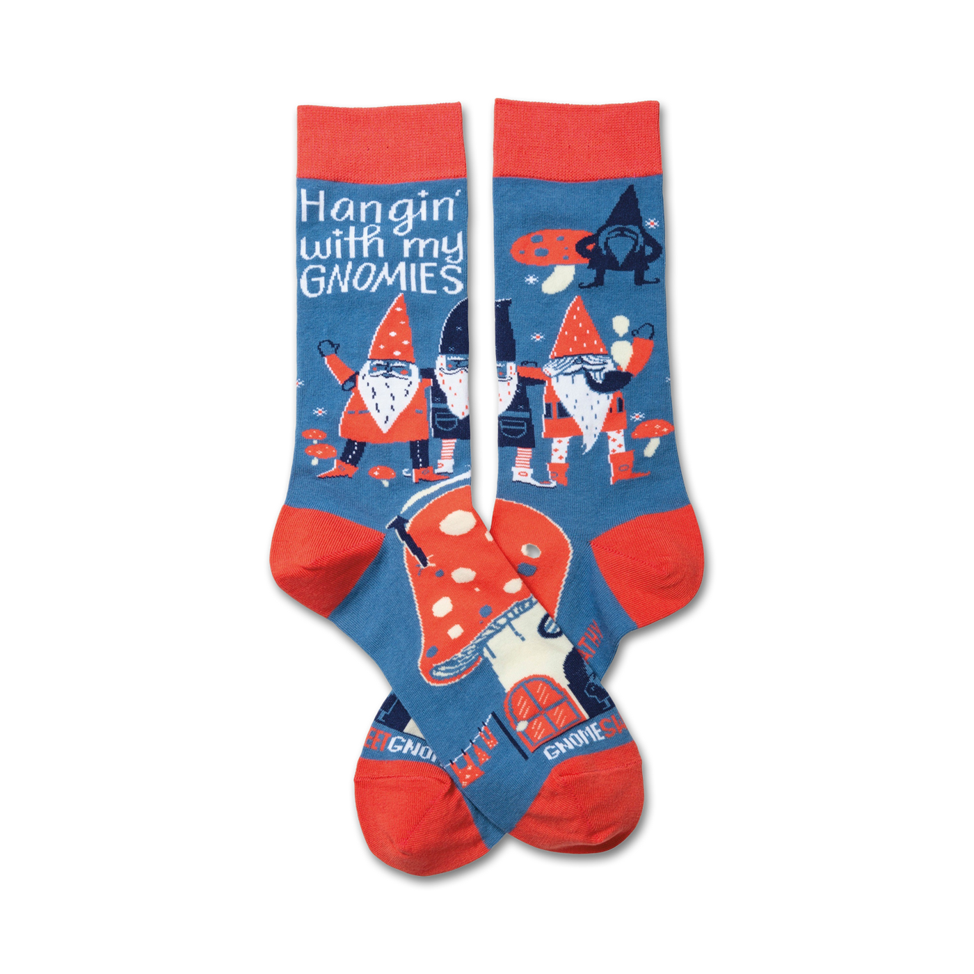 A pair of crew socks in blue and red. The socks feature a whimsical design of gnomes, mushrooms, and the phrase 'Hangin' with my gnomies'.