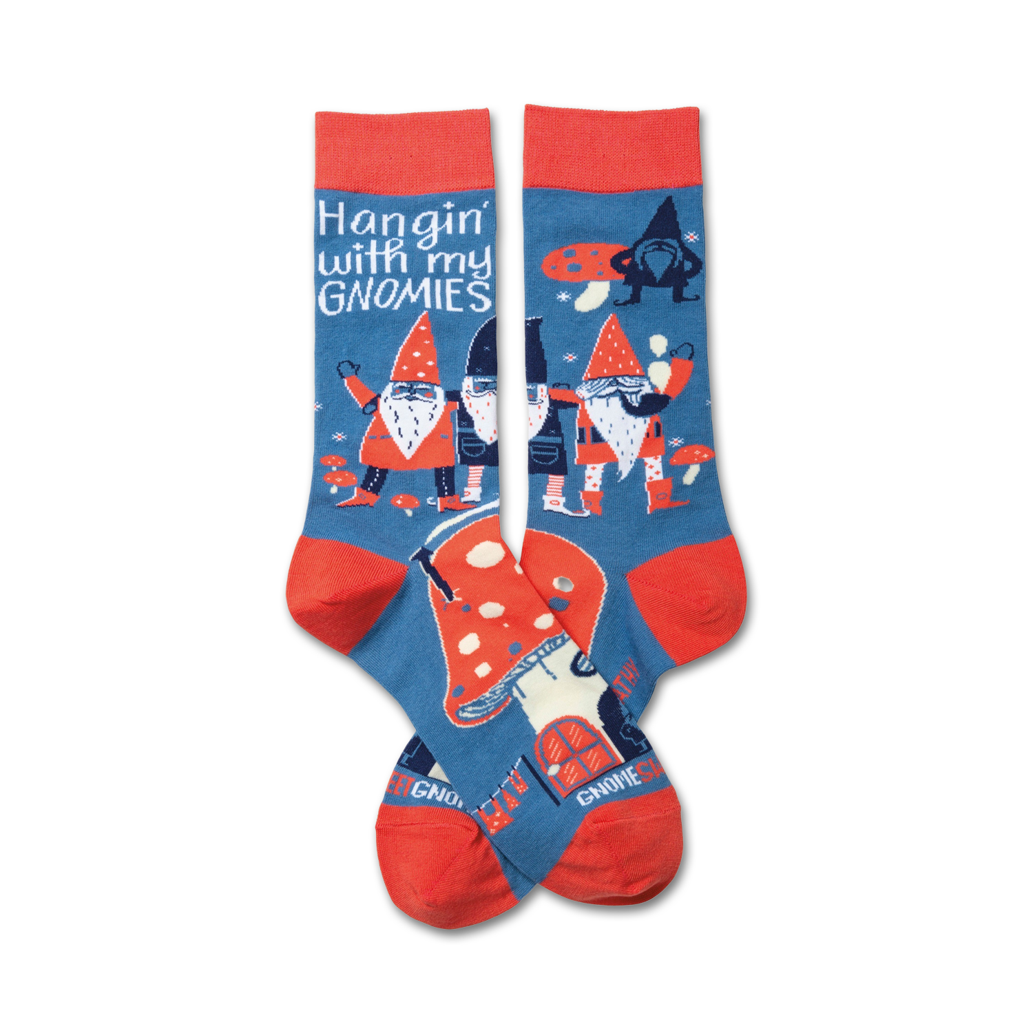A pair of crew socks in blue and red. The socks feature a whimsical design of gnomes, mushrooms, and the phrase 'Hangin' with my gnomies'.