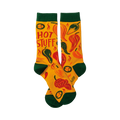 Crew socks in yellow with a chili pepper design and 'Hot Stuff' text.  Green cuffs add a nice contrast.