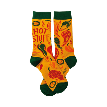 Crew socks in yellow with a chili pepper design and 'Hot Stuff' text.  Green cuffs add a nice contrast.