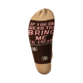 Close-up of the sock bottom, showing the text 'If you can read this bring me ice cream' in pink.