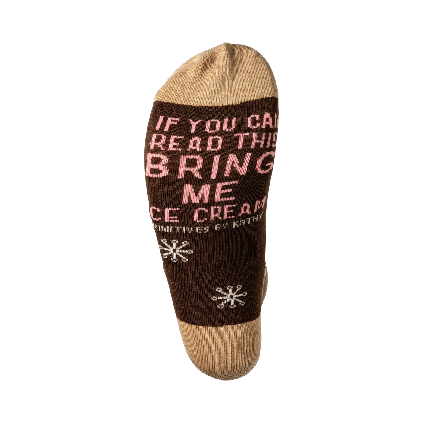 Close-up of the sock bottom, showing the text 'If you can read this bring me ice cream' in pink.