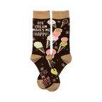 Crew socks in brown and tan.  The design features various ice cream cones and the text 'Ice Cream Makes Me Happy'.