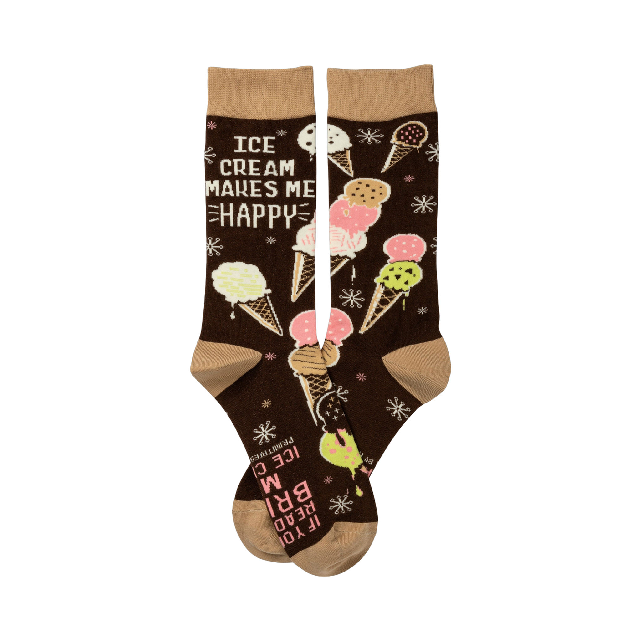 Crew socks in brown and tan.  The design features various ice cream cones and the text 'Ice Cream Makes Me Happy'.