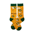 Crew socks in mustard yellow with a nacho pattern, including tortilla chips, cheese, and jalapeños.  Cuffs are dark green.