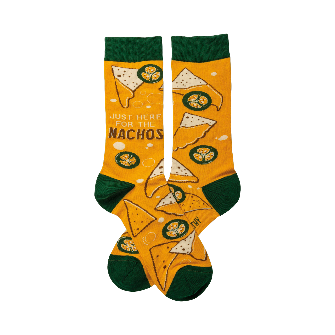 Crew socks in mustard yellow with a nacho pattern, including tortilla chips, cheese, and jalapeños.  Cuffs are dark green.