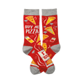 Pair of red crew socks with a pizza-themed design.  Features pizza slices, 'Buy Me Pizza' text, and gray cuffs.