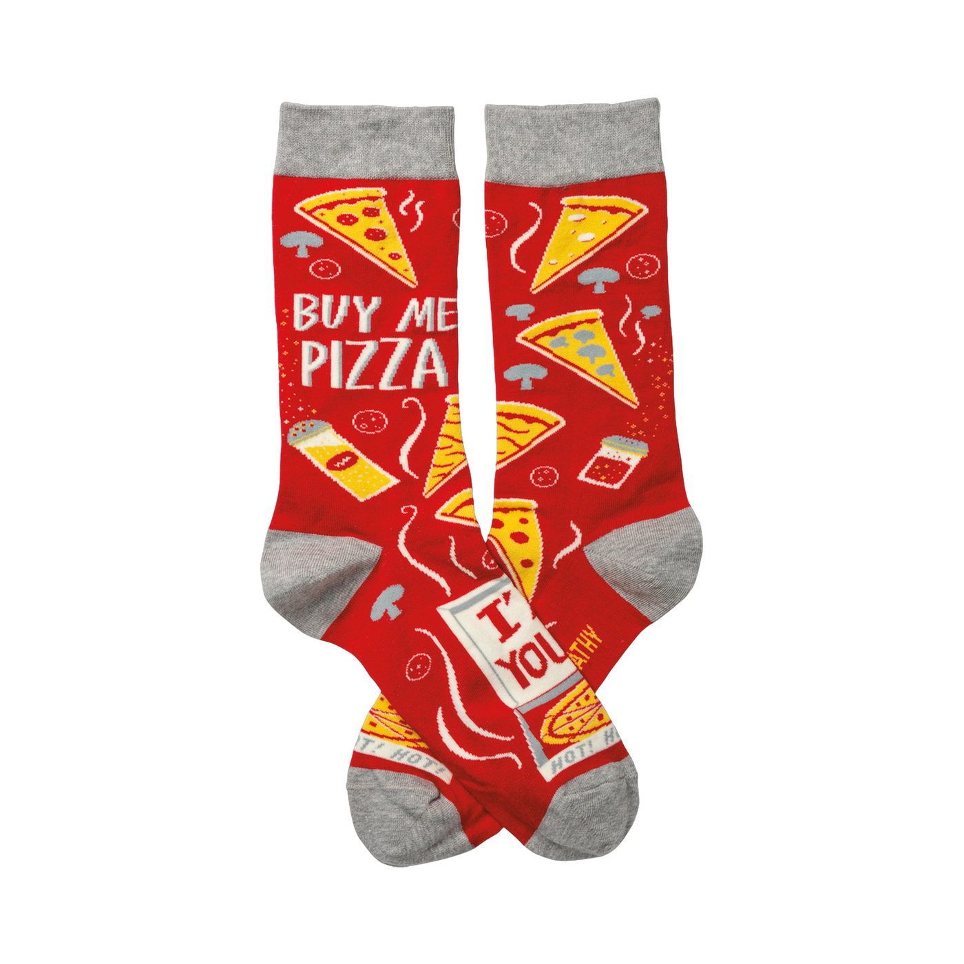Pair of red crew socks with a pizza-themed design.  Features pizza slices, 'Buy Me Pizza' text, and gray cuffs.