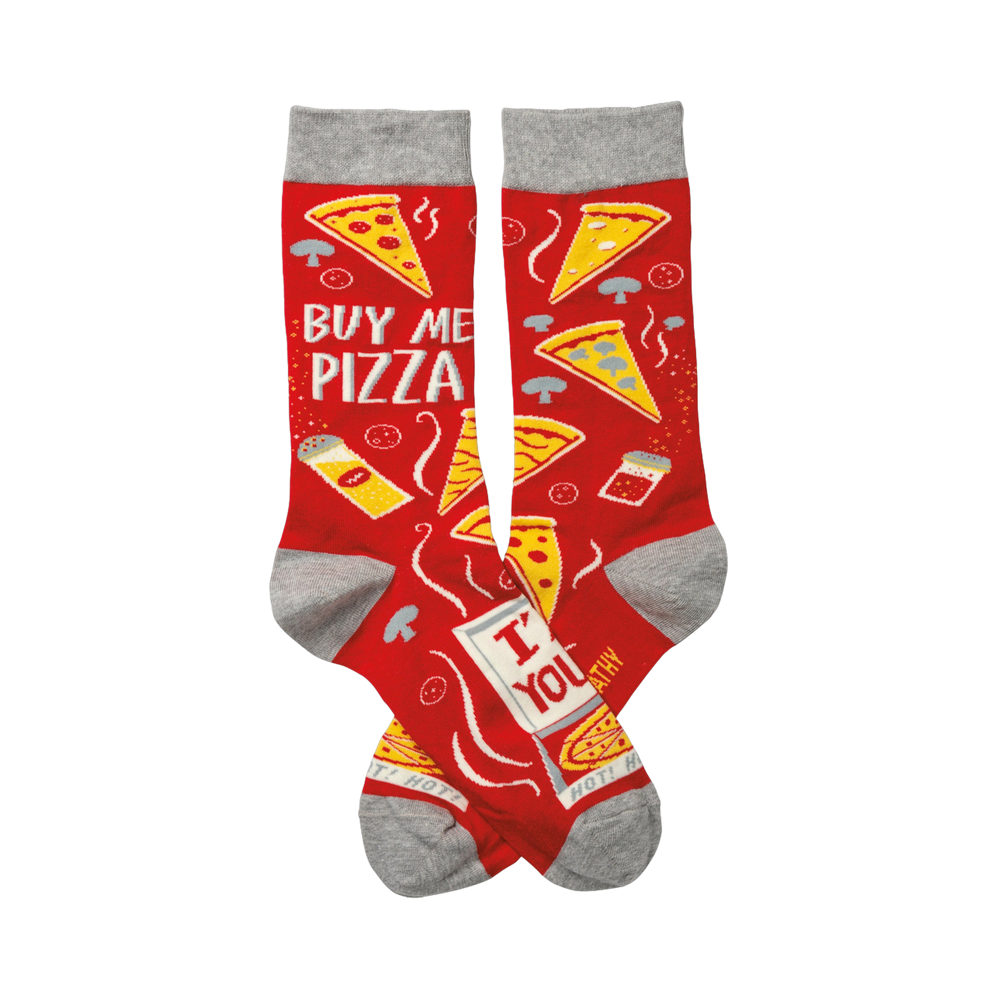 Pair of red crew socks with a pizza-themed design.  Features pizza slices, 'Buy Me Pizza' text, and gray cuffs.