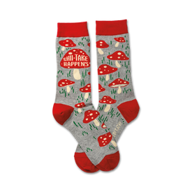 gray mushroom socks with red polka dots and "shiitake happens" printed. crew length, women's.   