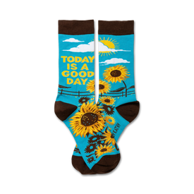 blue sunflower crew socks for women with an inspirational message. features the words 'today is a good day'.  