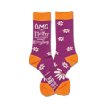 Crew socks in purple and orange with white daisies and the text 'OMG My Mother Was Right About Everything'.