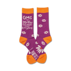 Crew socks in purple and orange with white daisies and the text 'OMG My Mother Was Right About Everything'.