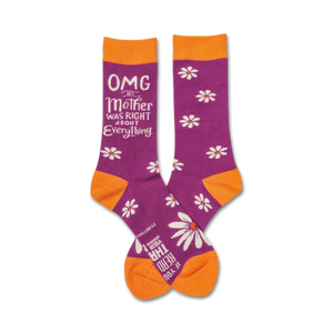 purple, white, and orange crew socks featuring flowers and a humorous mother's day greeting: 