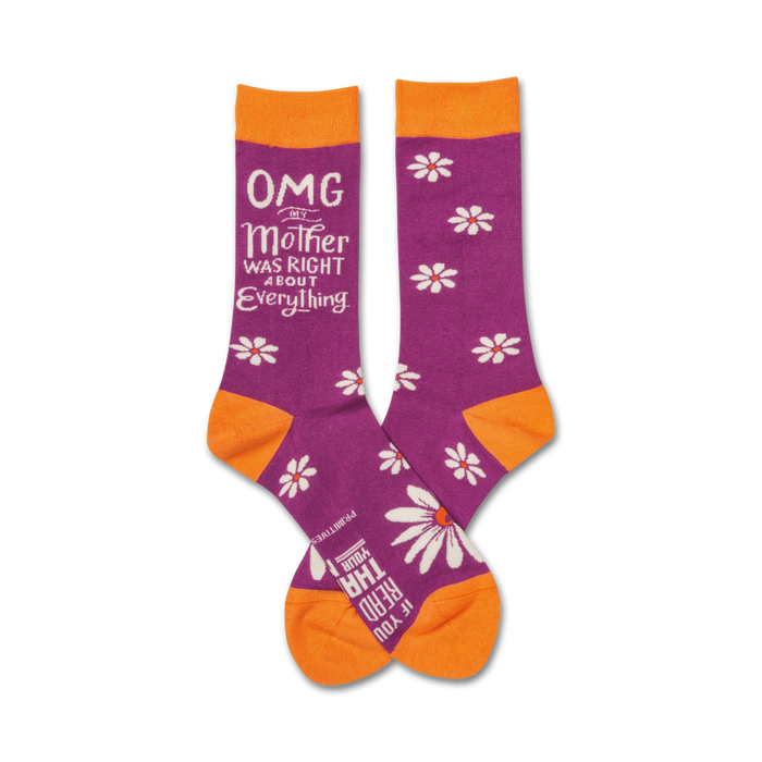 purple, white, and orange crew socks featuring flowers and a humorous mother's day greeting: 