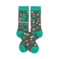Pair of gray crew socks with teal accents.  Features white flowers, a teal arrow pointing up, and the text 'Awesome Mom'.