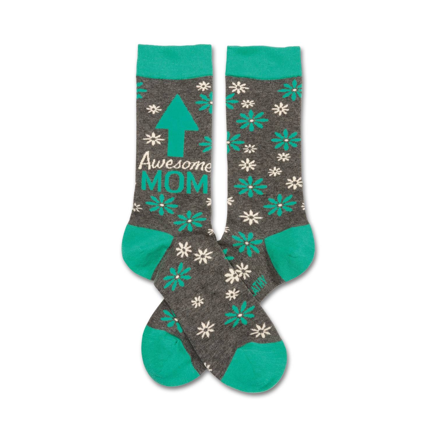 Pair of gray crew socks with teal accents.  Features white flowers, a teal arrow pointing up, and the text 'Awesome Mom'.