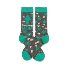 crew socks with white flowers and "awesome mom" in turquoise, perfect for mother's day   