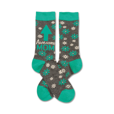 crew socks with white flowers and "awesome mom" in turquoise, perfect for mother's day   