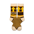 Pair of brown and gold crew socks with 'Awesome Dad', yellow arrows, and cream stripes. 