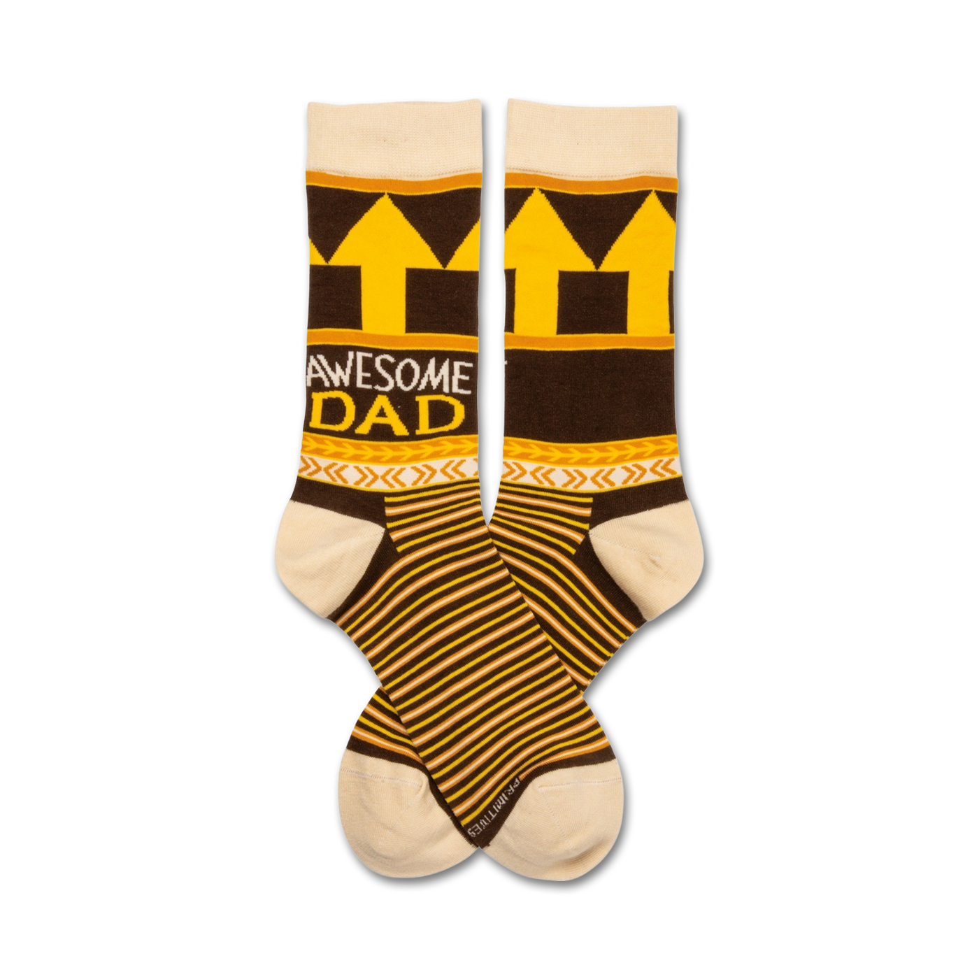 Pair of brown and gold crew socks with 'Awesome Dad', yellow arrows, and cream stripes. 