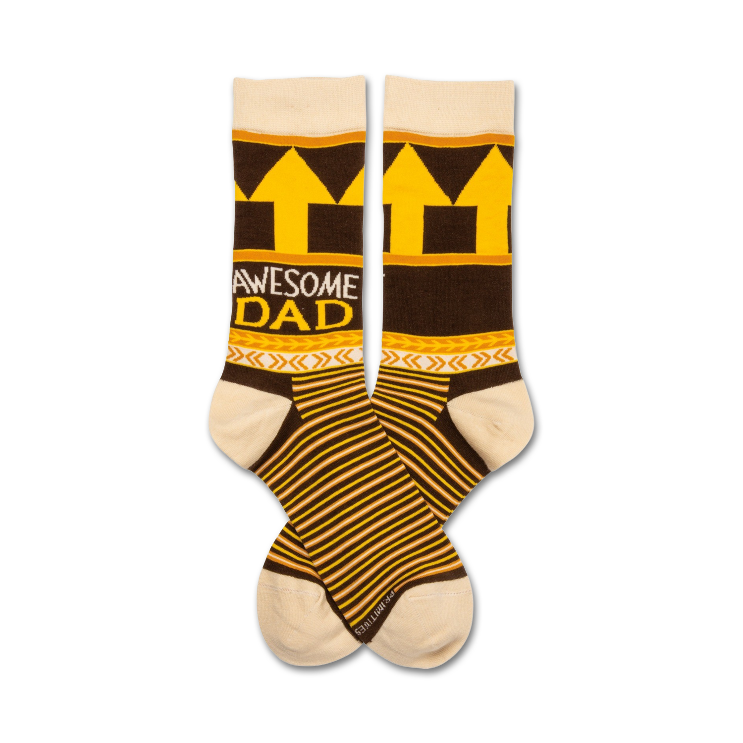 Pair of brown and gold crew socks with 'Awesome Dad', yellow arrows, and cream stripes. 