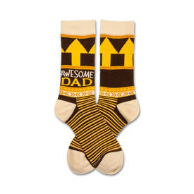 awesome dad crew socks for men, brown with yellow & white accents, striped and geometric patterns   