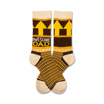 awesome dad crew socks for men, brown with yellow & white accents, striped and geometric patterns   