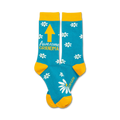 Pair of teal crew socks with white daisies, gold cuffs, and yellow text reading 'Awesome Grandma' and an upward-pointing arrow.