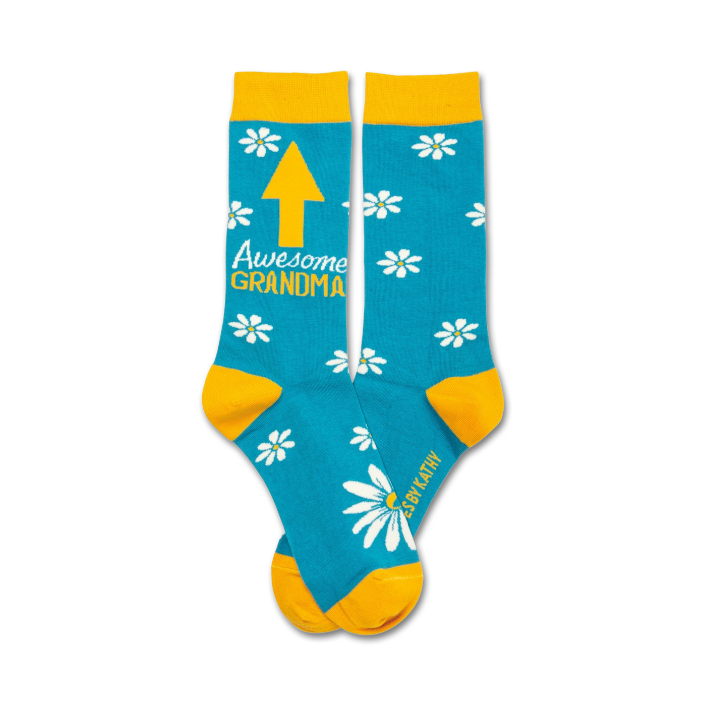 Pair of teal crew socks with white daisies, gold cuffs, and yellow text reading 'Awesome Grandma' and an upward-pointing arrow.
