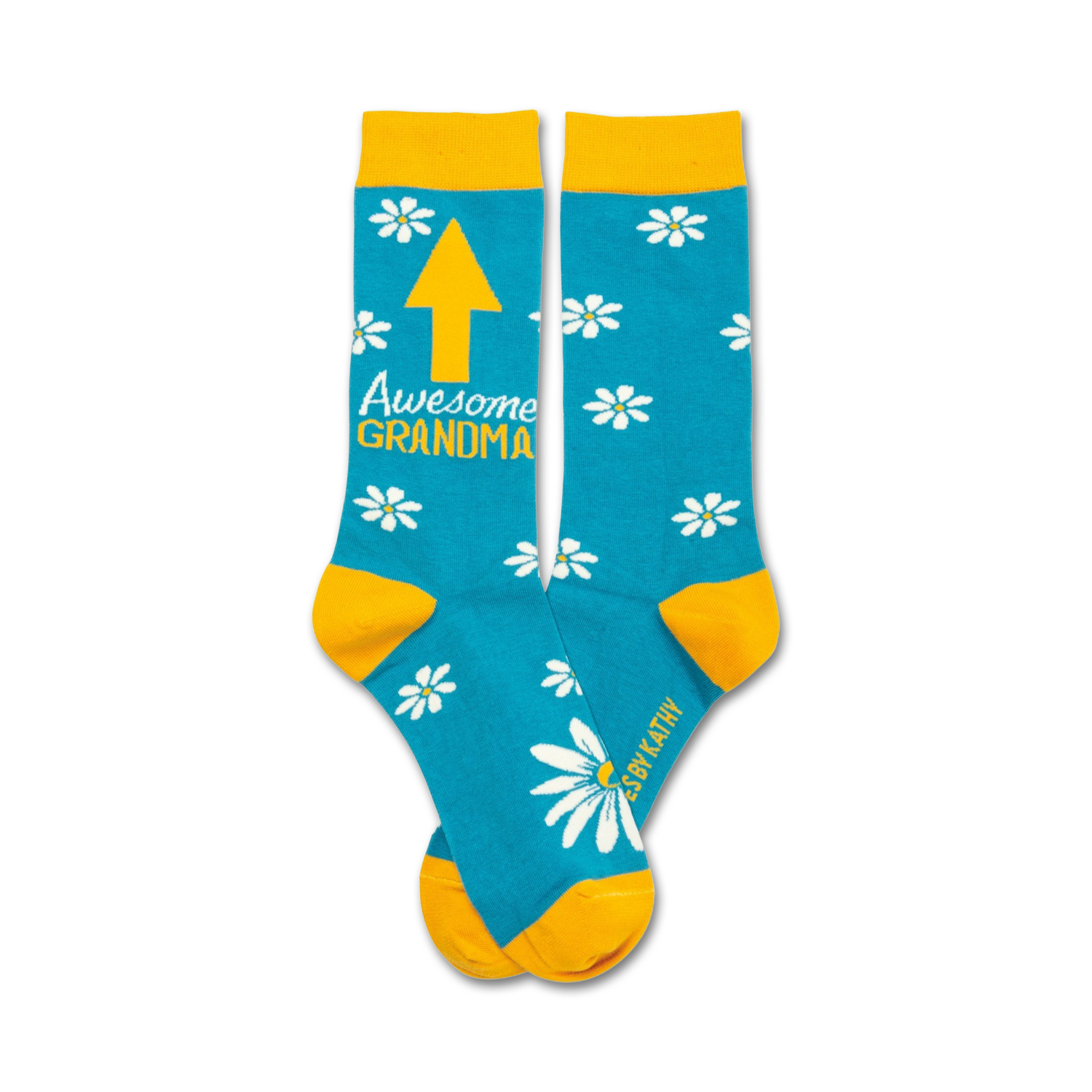 Pair of teal crew socks with white daisies, gold cuffs, and yellow text reading 'Awesome Grandma' and an upward-pointing arrow.
