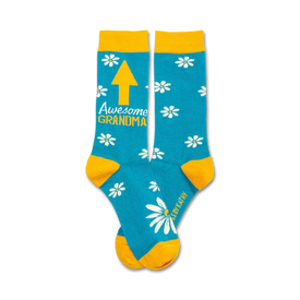 blue and white floral socks with yellow toes, heels, and cuffs. socks reads 'awesome grandma' and an arrow pointing up