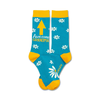 blue and white floral socks with yellow toes, heels, and cuffs. socks reads 'awesome grandma' and an arrow pointing up