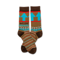 Pair of brown crew socks with teal, red, and beige stripes, arrow design, and 'Awesome Grandpa' text.