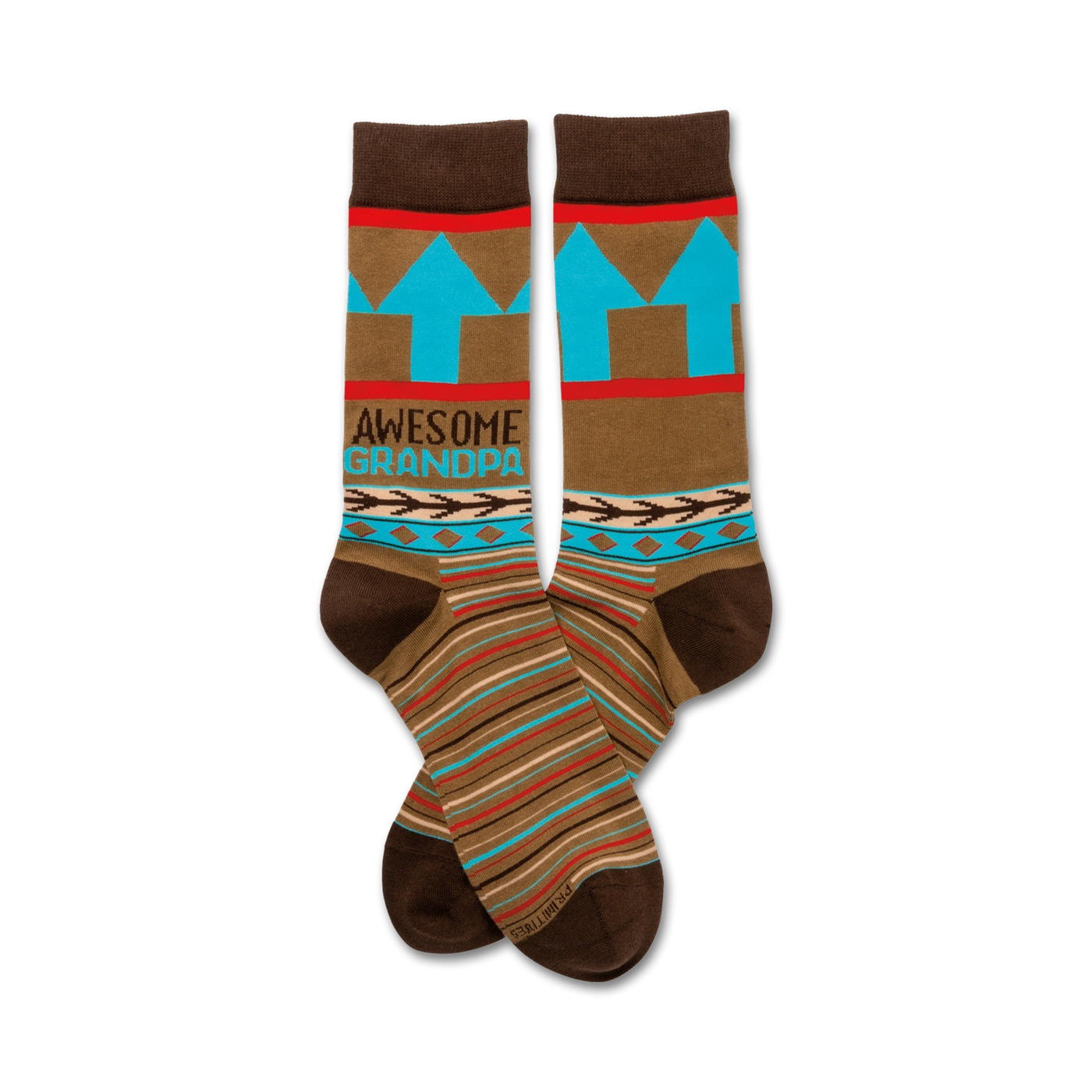 Pair of brown crew socks with teal, red, and beige stripes, arrow design, and 'Awesome Grandpa' text.