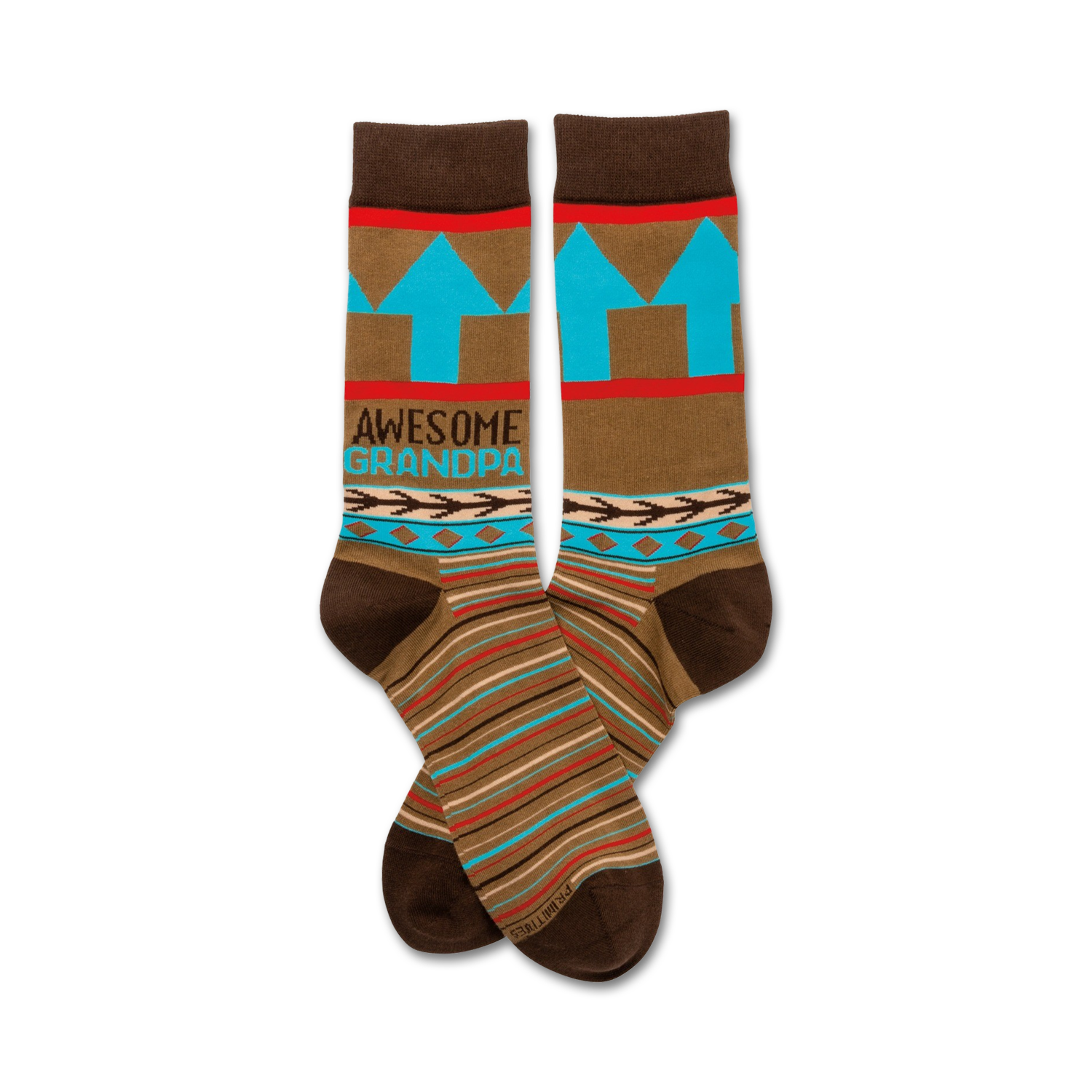 Pair of brown crew socks with teal, red, and beige stripes, arrow design, and 'Awesome Grandpa' text.
