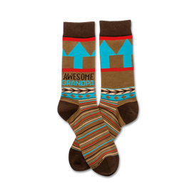 brown crew socks with geometric pattern and "awesome grandpa" text for men.   