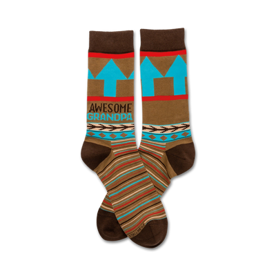 brown crew socks with geometric pattern and "awesome grandpa" text for men.   