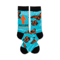Teal crew socks with orange monarch butterflies and the text 'Awesome Bonus Mom'. An orange upward-pointing arrow is also featured.