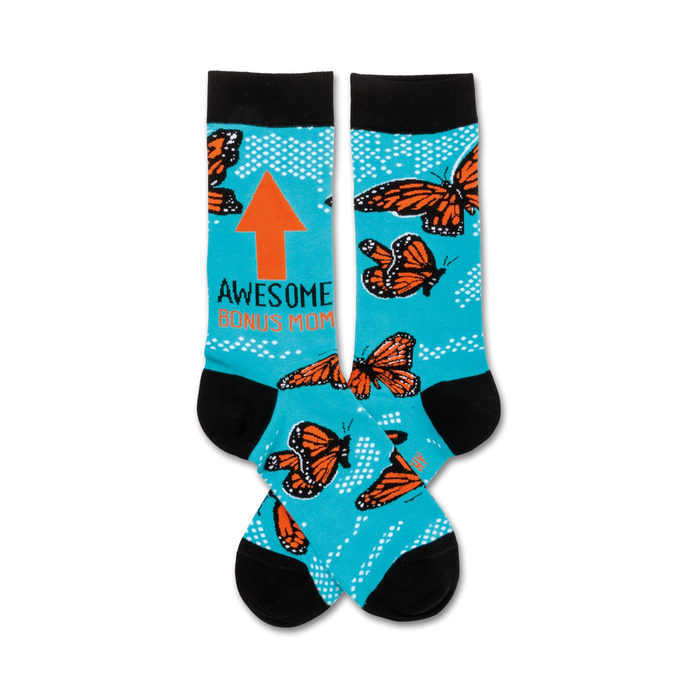 Teal crew socks with orange monarch butterflies and the text 'Awesome Bonus Mom'. An orange upward-pointing arrow is also featured.