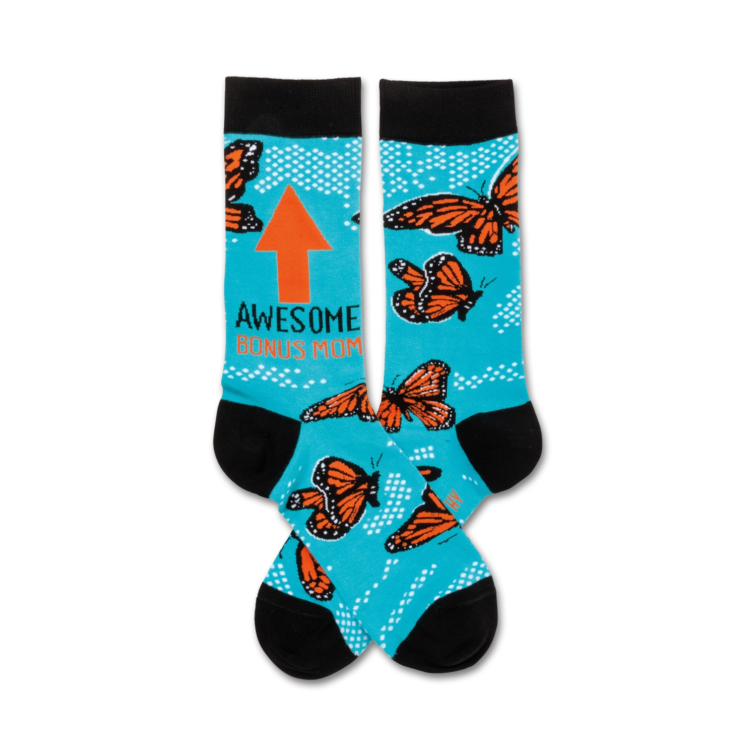 Teal crew socks with orange monarch butterflies and the text 'Awesome Bonus Mom'. An orange upward-pointing arrow is also featured.