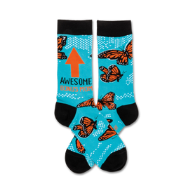 blue crew socks with orange butterfly pattern, black toes and heels, and "awesome bonus mom" written vertically up the front in orange   