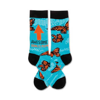 blue crew socks with orange butterfly pattern, black toes and heels, and "awesome bonus mom" written vertically up the front in orange   