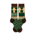 A pair of crew socks in green, brown, and beige.  They feature a geometric pattern, arrows, and the text 'Awesome Bonus Dad'.